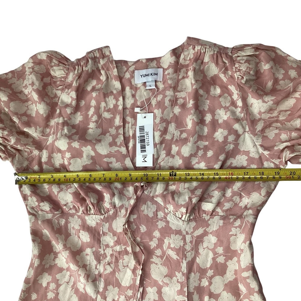 Yumi Kim Kelly Dress Pink Floral Midi V Neck Puff Sleeve Tie Front Size L - Picture 6 of 7